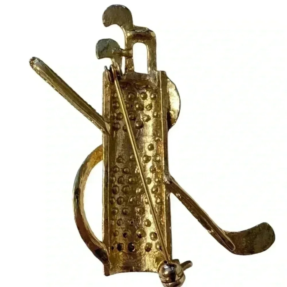 Golf Bag Rhinestone Brooch | Vintage Golfing Sweater Pin | 1980s Gold Tone Metal - Picture 4 of 7